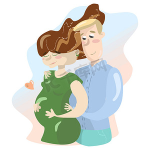 卡通情侣背景摄影照片_卡通家庭情侣男人和女人怀孕孤立在蓝色和橙色背景