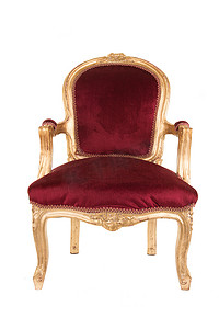 圣诞白色背景摄影照片_白色背景中突显的红色和金色维多利亚时代旧古董椅子