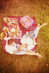 享受野餐时间的夫妇的顶视图