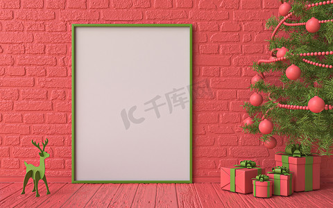 模拟空白相框红色和绿色圣诞装饰和礼物 3D