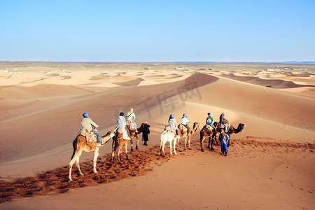 行走的骆驼摄影照片_游客在撒哈拉沙漠享受骆驼商队的乐趣