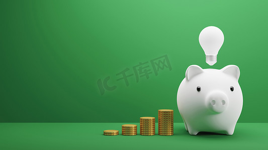 金币财富摄影照片_绿色背景 3D 渲染中存钱罐和金币的储蓄概念设计