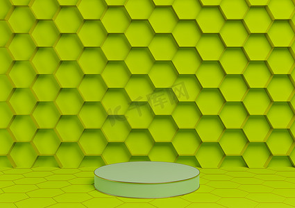 明亮、石灰、霓虹绿 3D 渲染产品展示台豪华金色蜂窝抽象背景与圆柱支架最小，自然豪华蜂蜜产品的简单模板