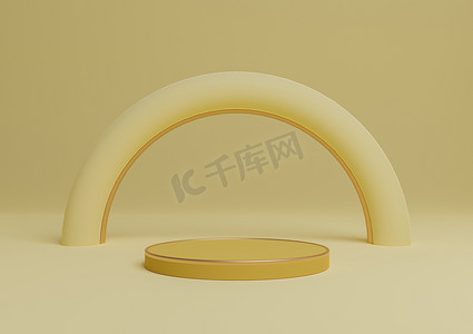 温暖、轻盈、明亮、柔和的黄色 3D 渲染简单的产品展示圆筒讲台或金色线条的支架最小的构图与拱形几何和奢华的光芒