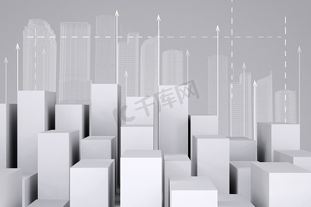 简约立方体摄影照片_由白色立方体组成的简约城市，有线框建筑和向上的箭头