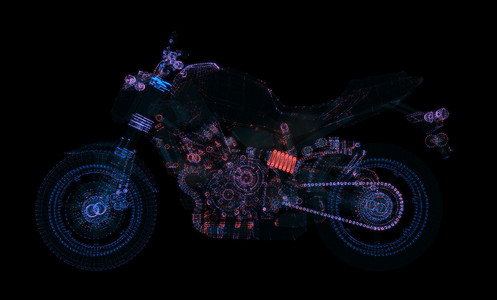 由辉光点和线条组成的抽象摩托车。 