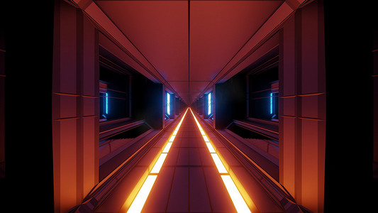 未来科幻奇幻空间机库隧道走廊与热金属3D插画壁纸背景