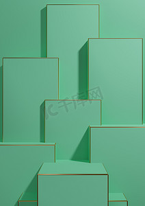 广告背景金色摄影照片_明亮的绿松石绿色 3D 渲染简单、最小、几何背景产品展示基座金色线条用于奢侈品产品广告壁纸模板
