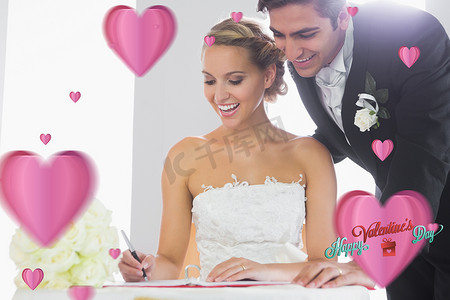 幸福的年轻夫妇签署结婚登记的复合图像