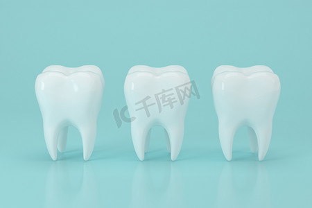 美白牙齿图标摄影照片_白色的牙齿有蓝色背景，3D 渲染。
