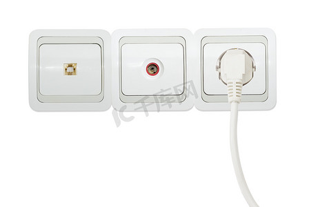 白色家用电话插座、电视天线插座和电源插座