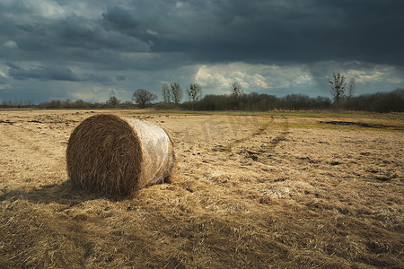 一捆干草摄影照片_一捆干草躺在干燥的草地上，多云的天空