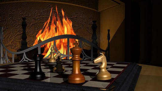 壁炉前的国际象棋游戏插图