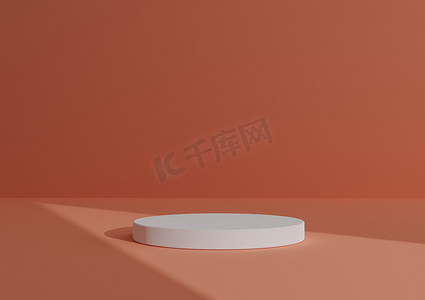 产品展示摄影照片_简单、最小的 3D 渲染组合，带有一个白色圆柱台或站在抽象阴影橙色背景上，用于产品展示三角形光指向产品