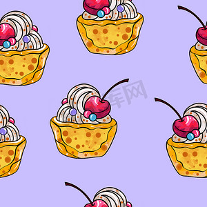 无缝光栅图案的纸杯蛋糕，橙色底和米色奶油馅，紫色背景上装饰着樱桃