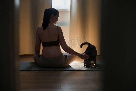 做运动的猫摄影照片_年轻女子在家里和她的猫一起做瑜伽和冥想。