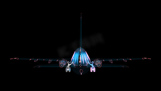飞机飞行线摄影照片_客机由发光线组成。