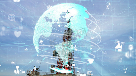 具有全球业务变更 3D 图形的电信塔