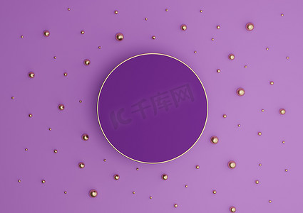 明亮的紫色、紫色 3D 渲染豪华产品展示台或最小的展台，以查看带有金色和金色大理石的平面布局组合，从上面滴下简单的背景