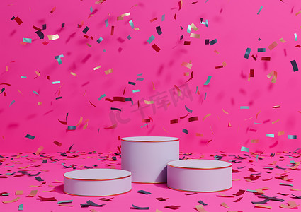 明亮的洋红色、霓虹粉色 3D 渲染产品展示三个讲台站着五颜六色的五彩纸屑庆祝周年广告和金色线条的奢侈品简单、最小的背景