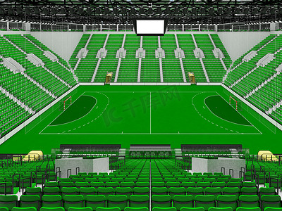 美丽的现代手球运动场，配有绿色座椅和 VIP 包厢