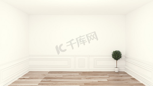 空荡荡的房间，洁净室，木地板白墙背景。 