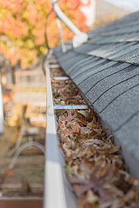屋顶木瓦附近的排水沟堵塞，背景是色彩缤纷的秋叶
