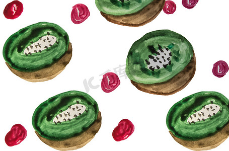 绿色食物插图摄影照片_孤立的白色背景上猕猴桃片和红色浆果的水彩插图，带有剪裁、可爱的夏季手绘