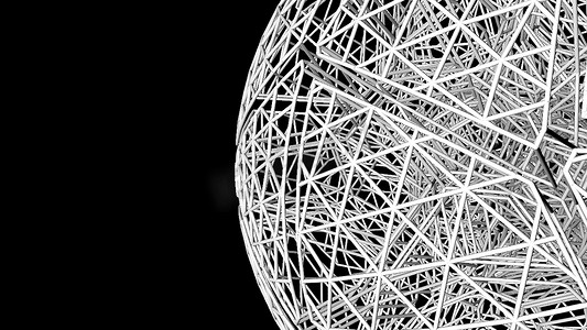 连接抽象结构形成球体、未来技术线框、几何数字 3D 渲染背景
