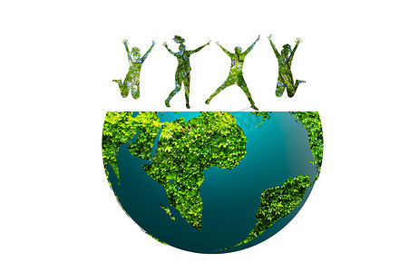 一群人跳跃保护地球和环境概念的剪影
