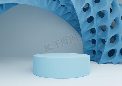 浅色、柔和、淡蓝色 3D 渲染产品展示，配有圆柱支架或讲台和未来派抽象几何形状现代背景最小构图模板