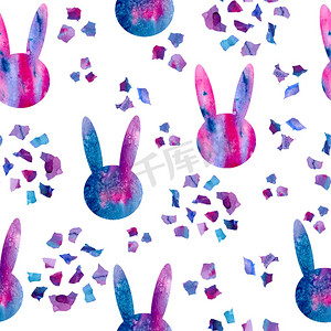 可爱的手绘兔子摄影照片_水彩手绘无缝图案插图复活节兔子兔子轮廓抽象空间银河丁香紫色紫色五彩纸屑蓝色背景复活节春季假期装饰