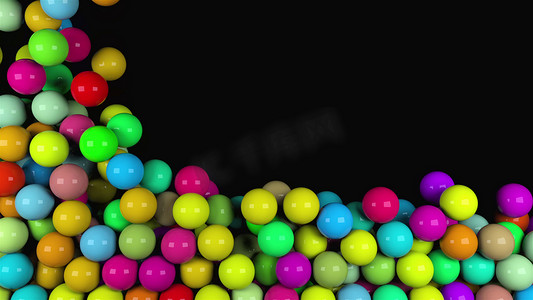许多抽象的彩色光泽球落下，3D 渲染计算机生成的背景
