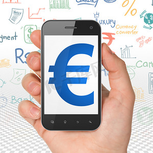 货币概念：手持智能手机与显示欧元