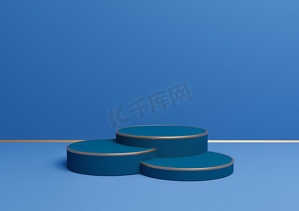 明亮、深色、柔和的蓝色 3D 渲染简单的产品展示，带有三个讲台或带有金线的支架，用于豪华产品的最小背景组合