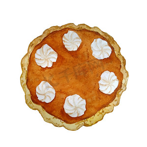 水彩手绘插图的橙色南瓜南瓜馅饼与奶油浇头。