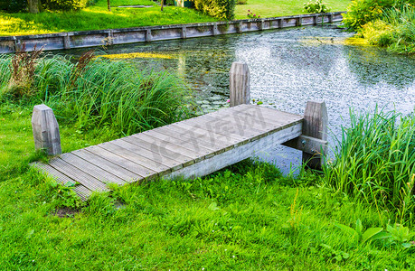 木墩摄影照片_公园池塘的木墩桥