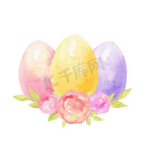 装饰组合摄影照片_水彩手绘复活节彩蛋装饰着粉红色的花朵组合物隔离在白色背景