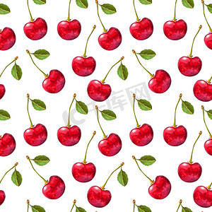 插图现实主义无缝图案浆果红樱桃与孤立的白色背景上的绿叶