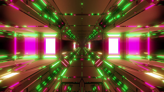 未来科幻空间机库隧道走廊，底部 3D 插图壁纸背景设计中有漂亮的反射和玻璃