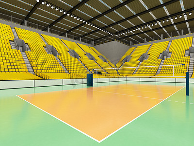 美丽的现代排球运动场，配有黄色座位和 VIP 包厢