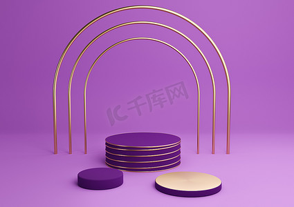 亮紫色、紫色 3D 渲染简单产品展示圆柱讲台，配有豪华金拱门和线条三站最小背景抽象构图