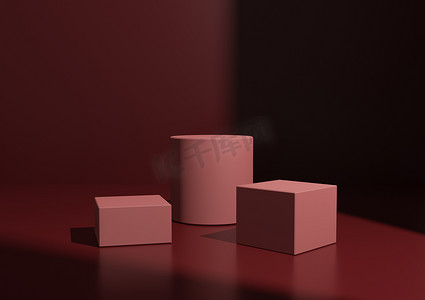 用于产品展示的简单最小栗色红色三讲台或展台组合。