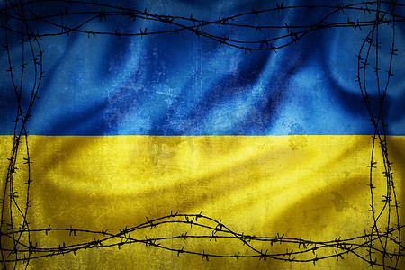乌克兰的垃圾旗被倒钩线图包围