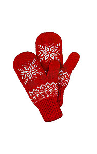 一双红色针织手套，上面有圣诞图案