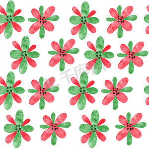 手绘粉色花朵背景摄影照片_水彩无缝手绘图案与红色绿色抽象形状元素花朵，明亮的夏日背景。