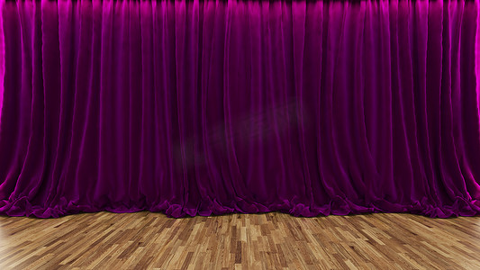 带紫色窗帘和木地板的 3D 渲染剧院舞台