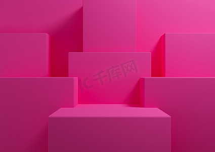 明亮的洋红色，霓虹粉色 3D 渲染简单，产品展示台的最小背景，代表展示几何背景模型模板墙纸美容化妆品