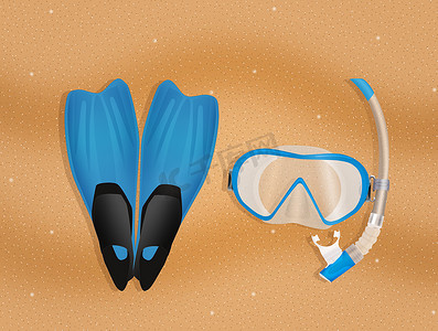 海滩上的潜水面罩、通气管和脚蹼
