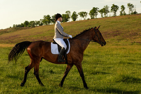 在绿色田野上骑马的年轻女子